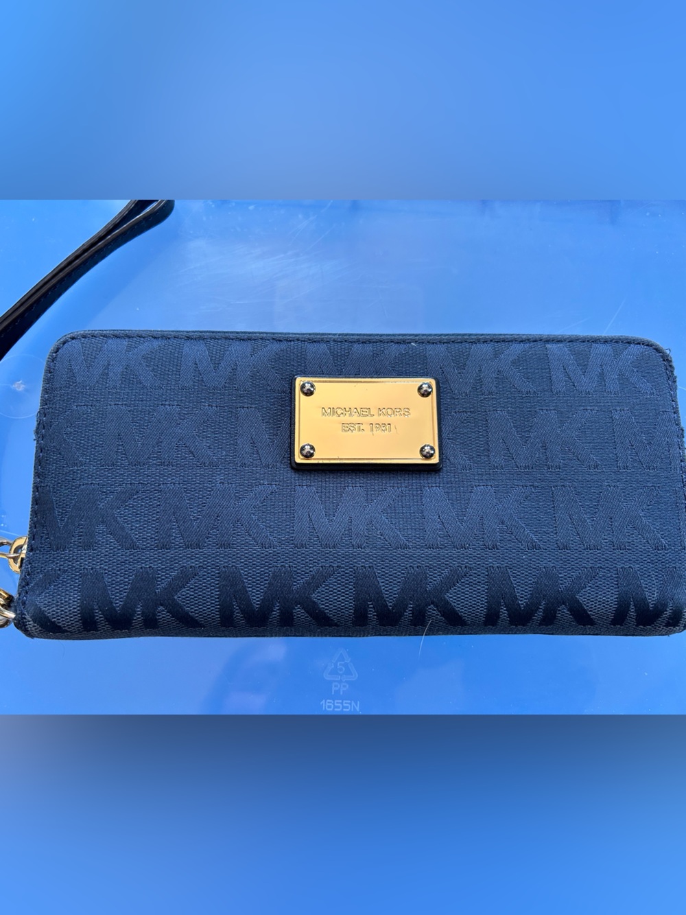 Michael Kors Navy Logo Wristlet with Gold Plaque
